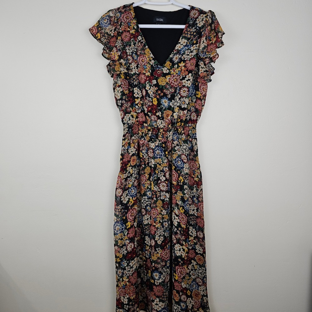 MSK Maxi Dress Women S Black Multi Floral Flutter Sleeve Smocked Waist V-Neck